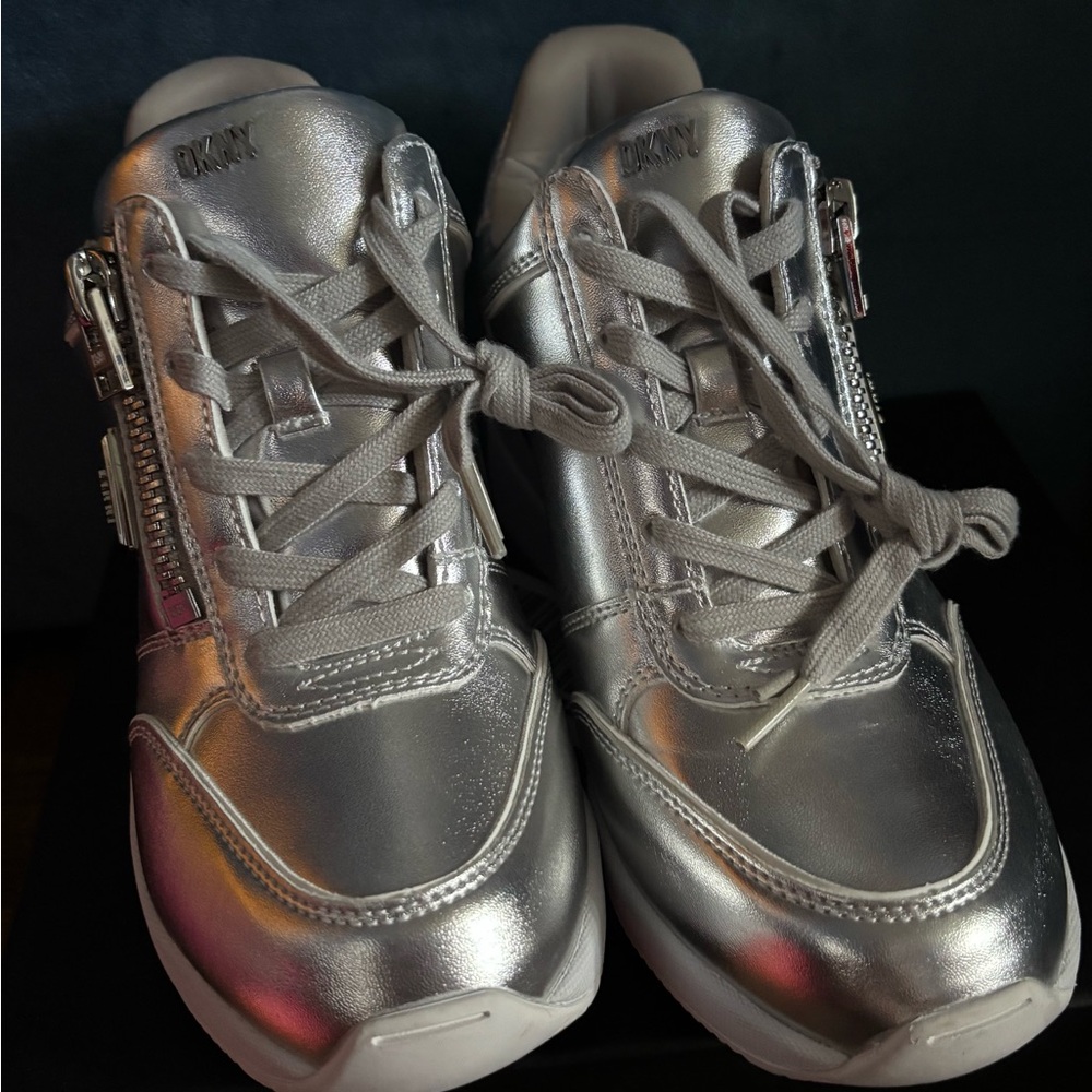 DKNY Shimmering Silver Lace-Up Sneakers